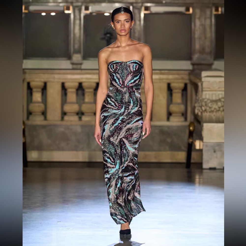 Bronx and Banco Strapless Sequin Maxi Dress in Black & Teal-NWOT
